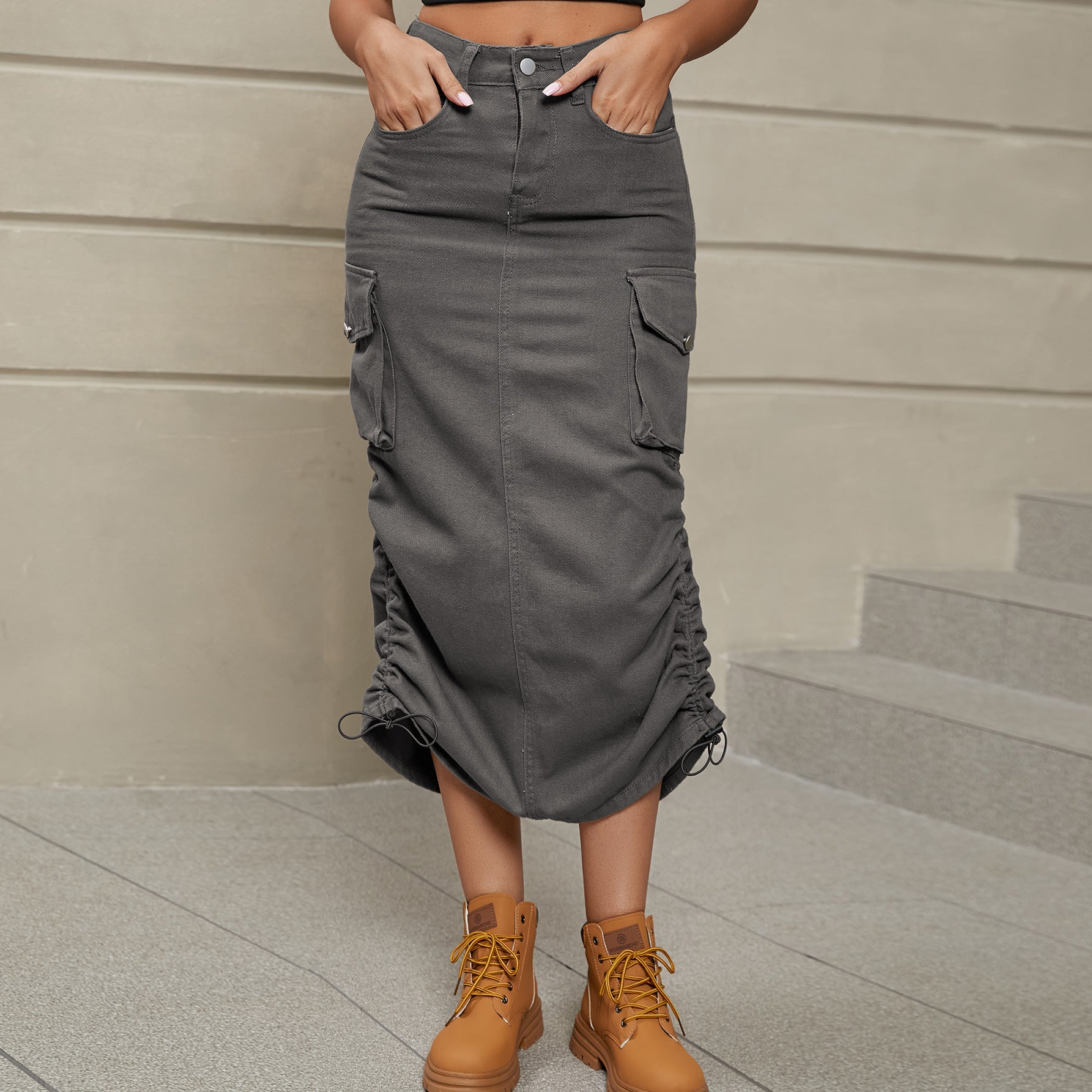 Drawstring Ruched Slit Denim Midi Skirt | CLOTHING,SHOES & ACCESSORIES | denim, denim skirts, Manny, midi skirt, Ship From Overseas, Shipping Delay 10/01/2023 - 10/03/2023, skirt, skirts, Women's Apparel, women's clothing, women's fashion | Trendsi