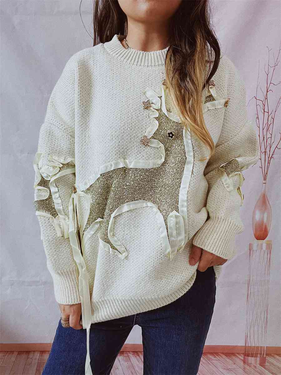 Reindeer Round Neck Long Sleeve Sweater - AllIn Computer