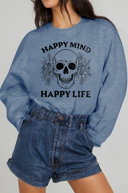 Simply Love Simply Love Full Size HAPPY MIND HAPPY LIFE SKULL Graphic Sweatshirt - AllIn Computer