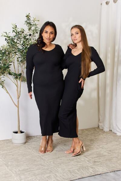 Culture Code Full Size Ribbed Long Sleeve Midi Slit Dress - AllIn Computer
