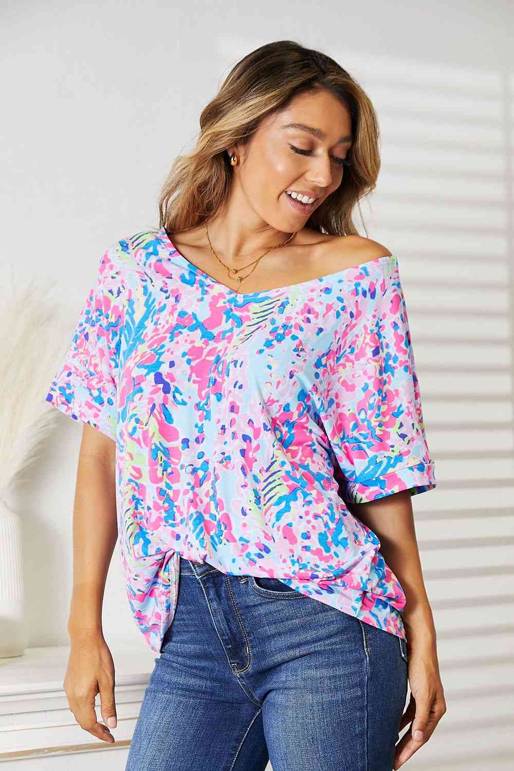 Double Take Printed V-Neck T-Shirt - AllIn Computer