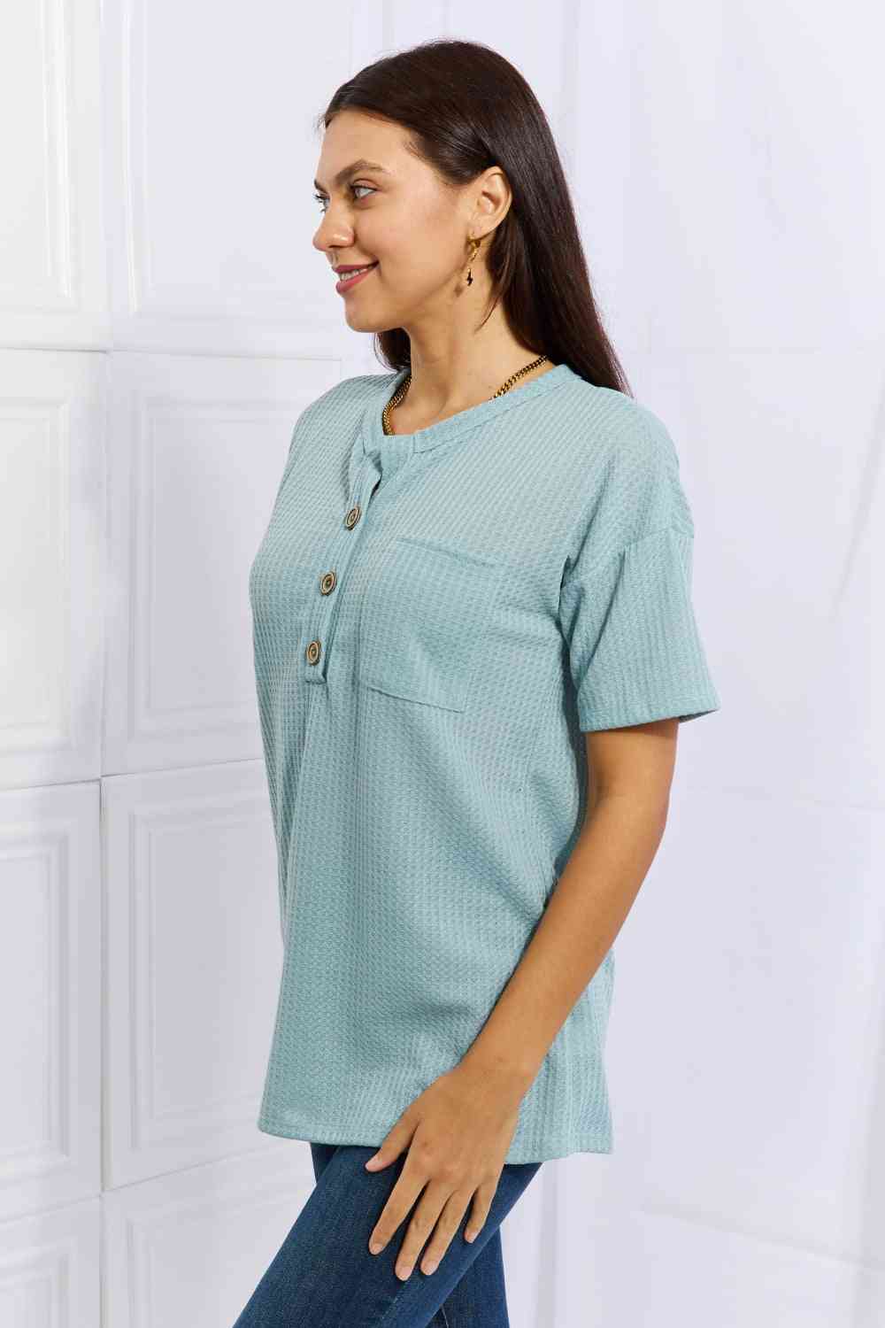Heimish Made For You Full Size 1/4 Button Down Waffle Top in Blue - AllIn Computer