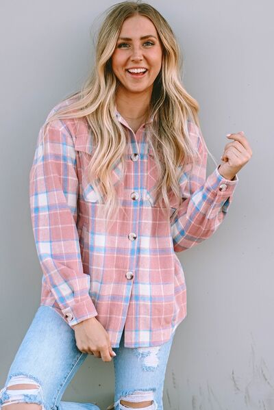 Plaid Pocketed Collared Neck Button Up Jacket - AllIn Computer