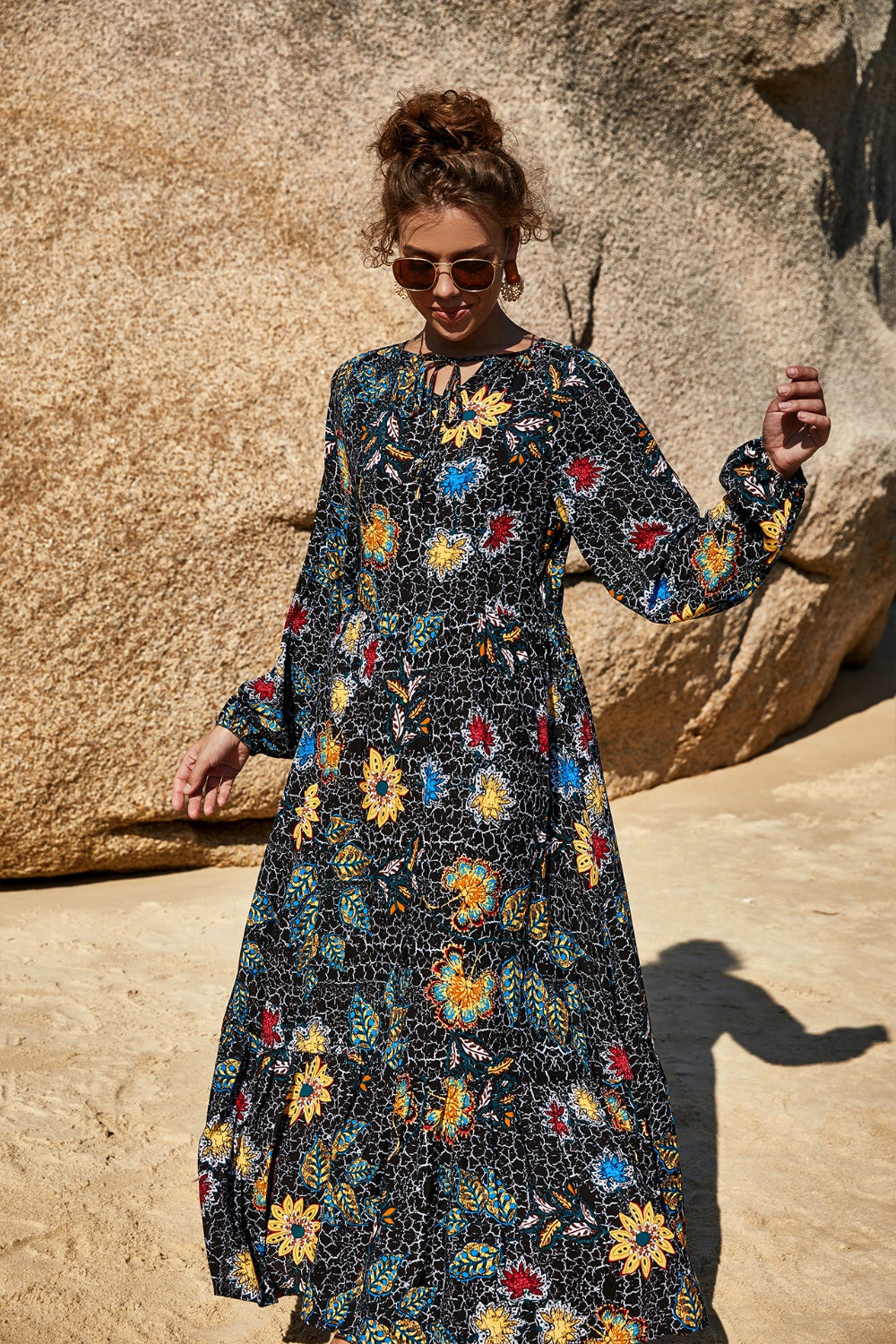 Printed Tie Neck Long Sleeve Dress - AllIn Computer