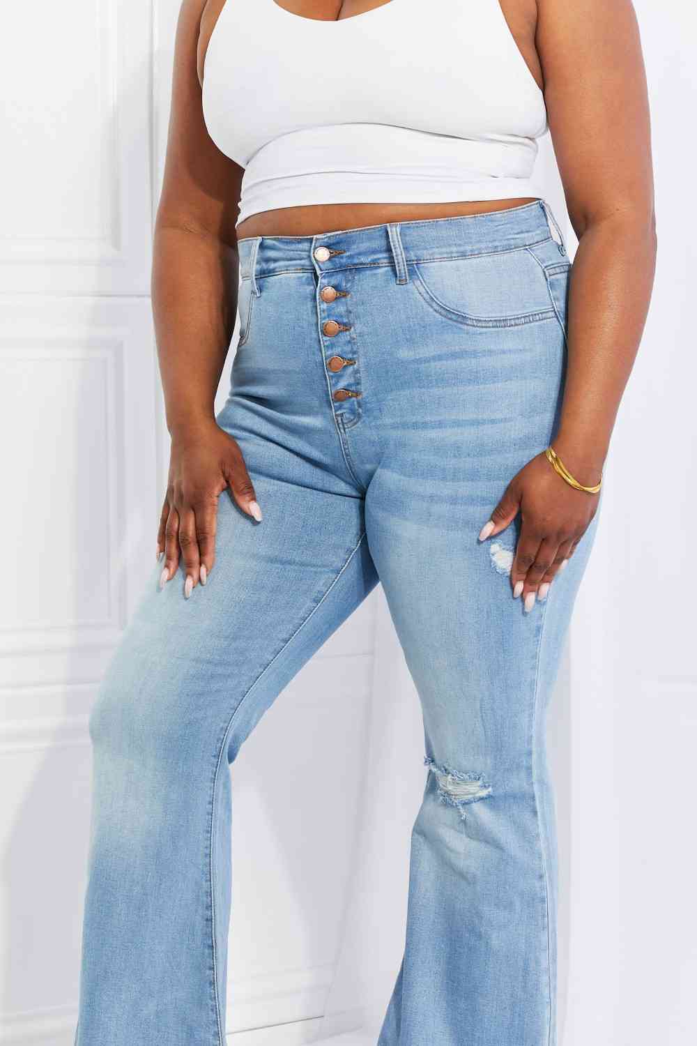 Vibrant MIU Full Size Jess Button Flare Jeans - AllIn Computer