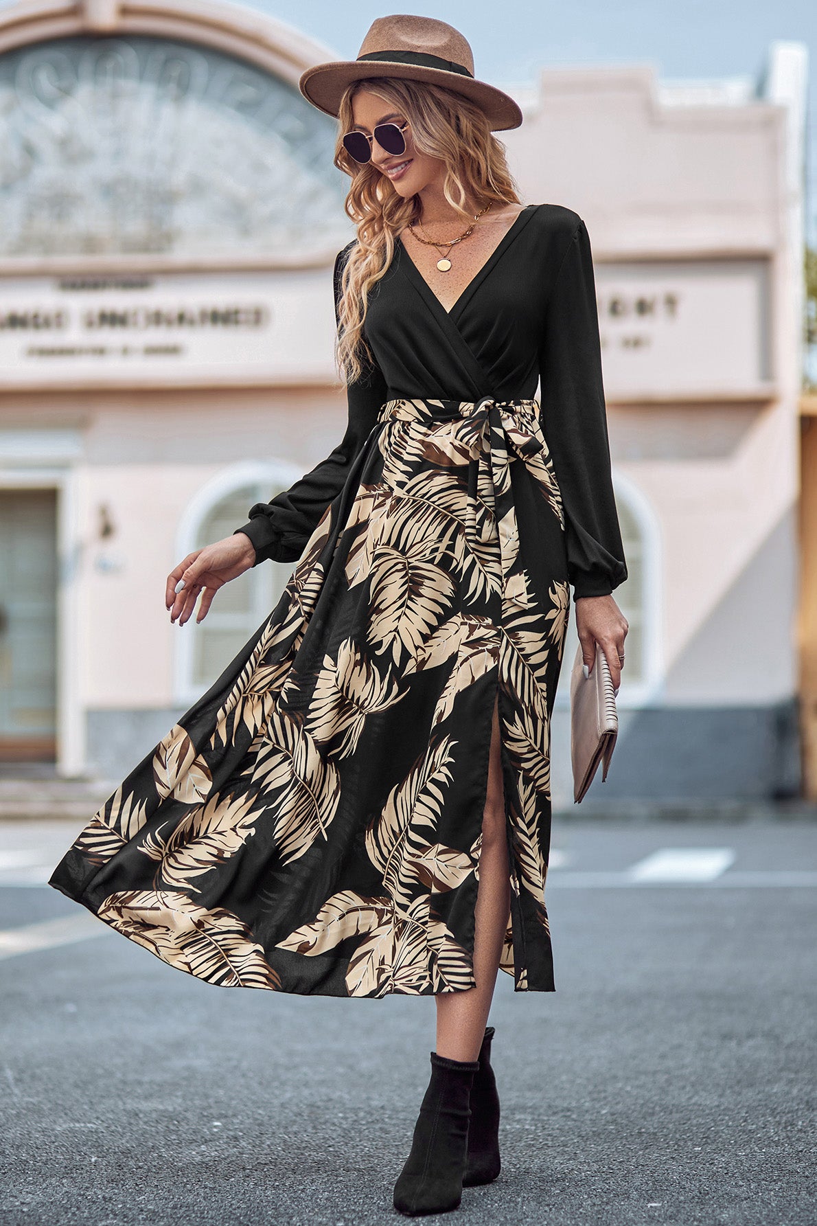 Printed Tie Waist Long Sleeve Dress - AllIn Computer