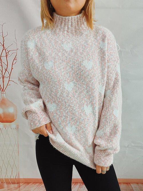 Heart Heathered Turtleneck Drop Shoulder Sweater - AllIn Computer