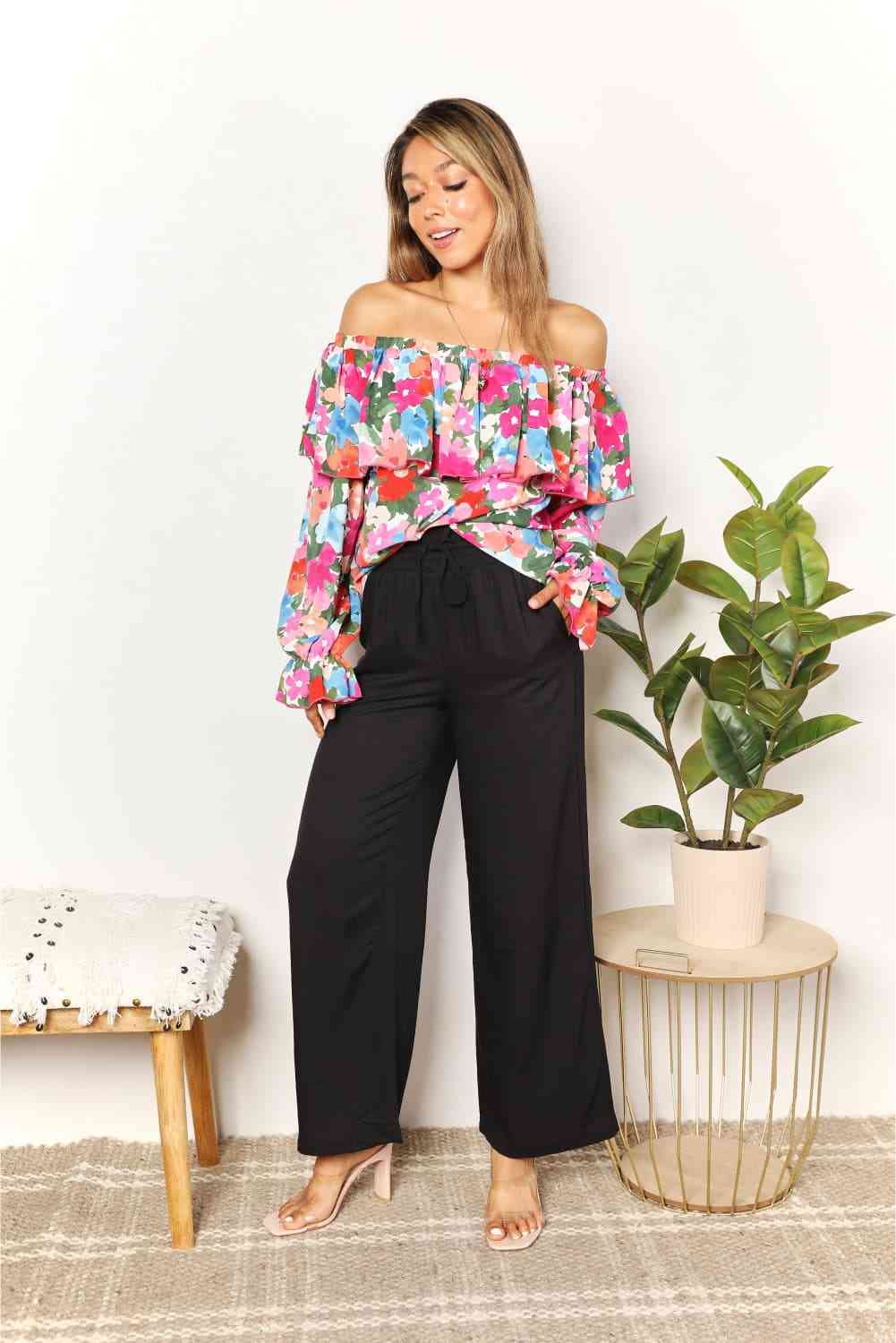 Double Take Floral Off-Shoulder Flounce Sleeve Layered Blouse - AllIn Computer