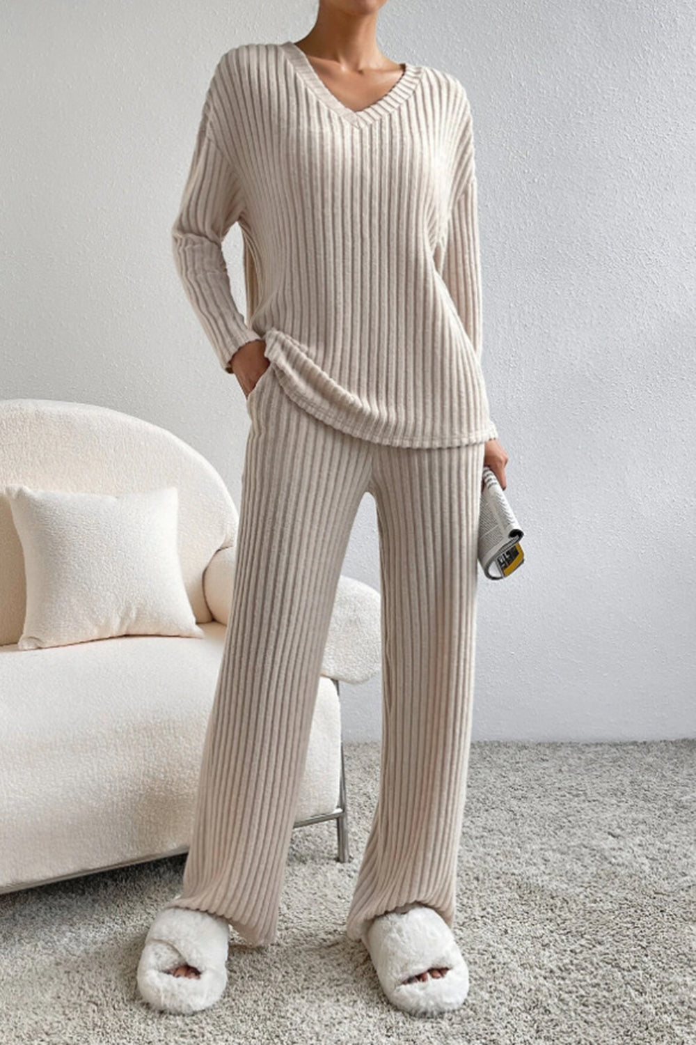 Ribbed V-Neck Top and Pants Set - AllIn Computer