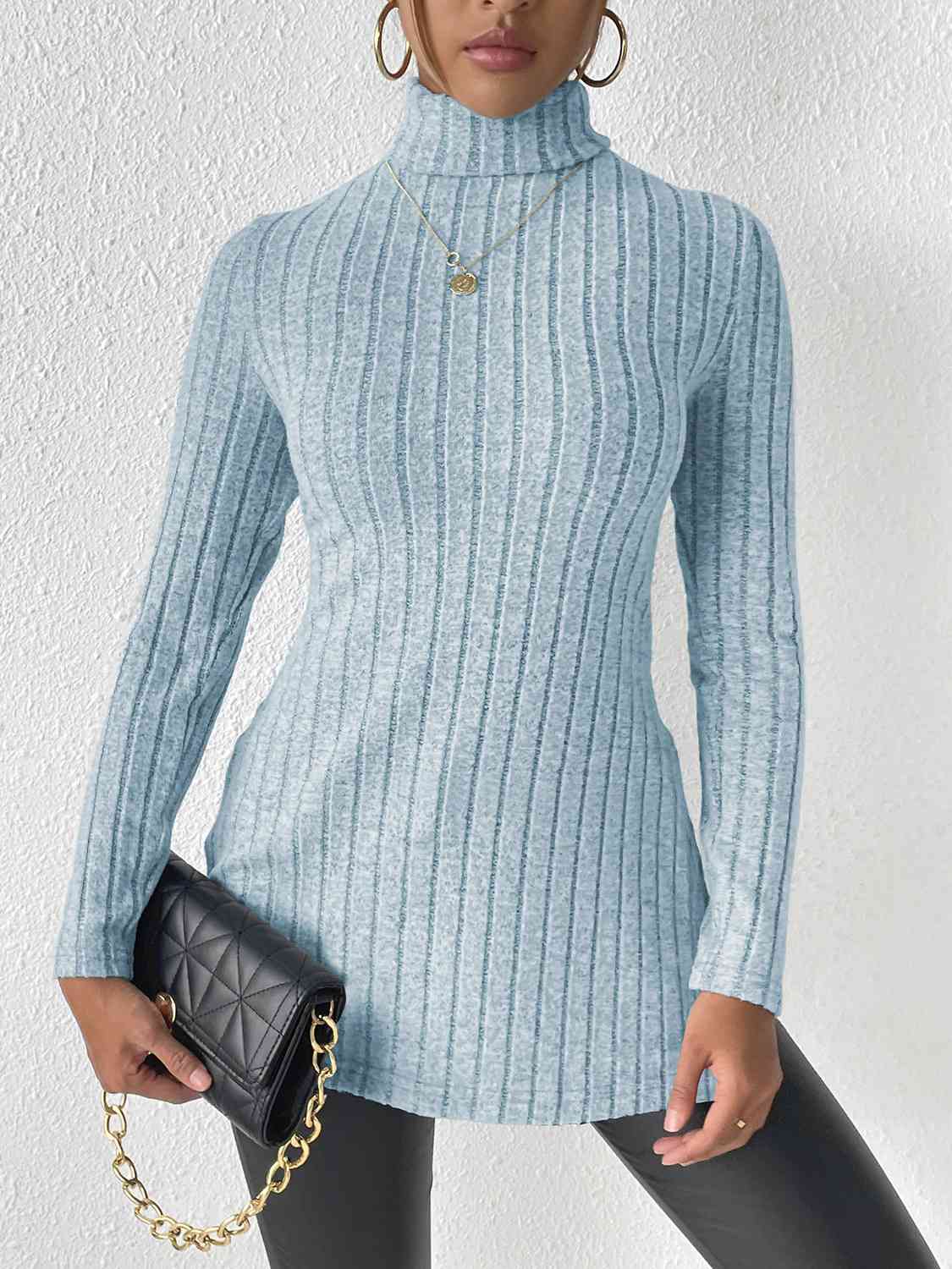 Ribbed Turtleneck Long Sleeve Slit T-Shirt - AllIn Computer