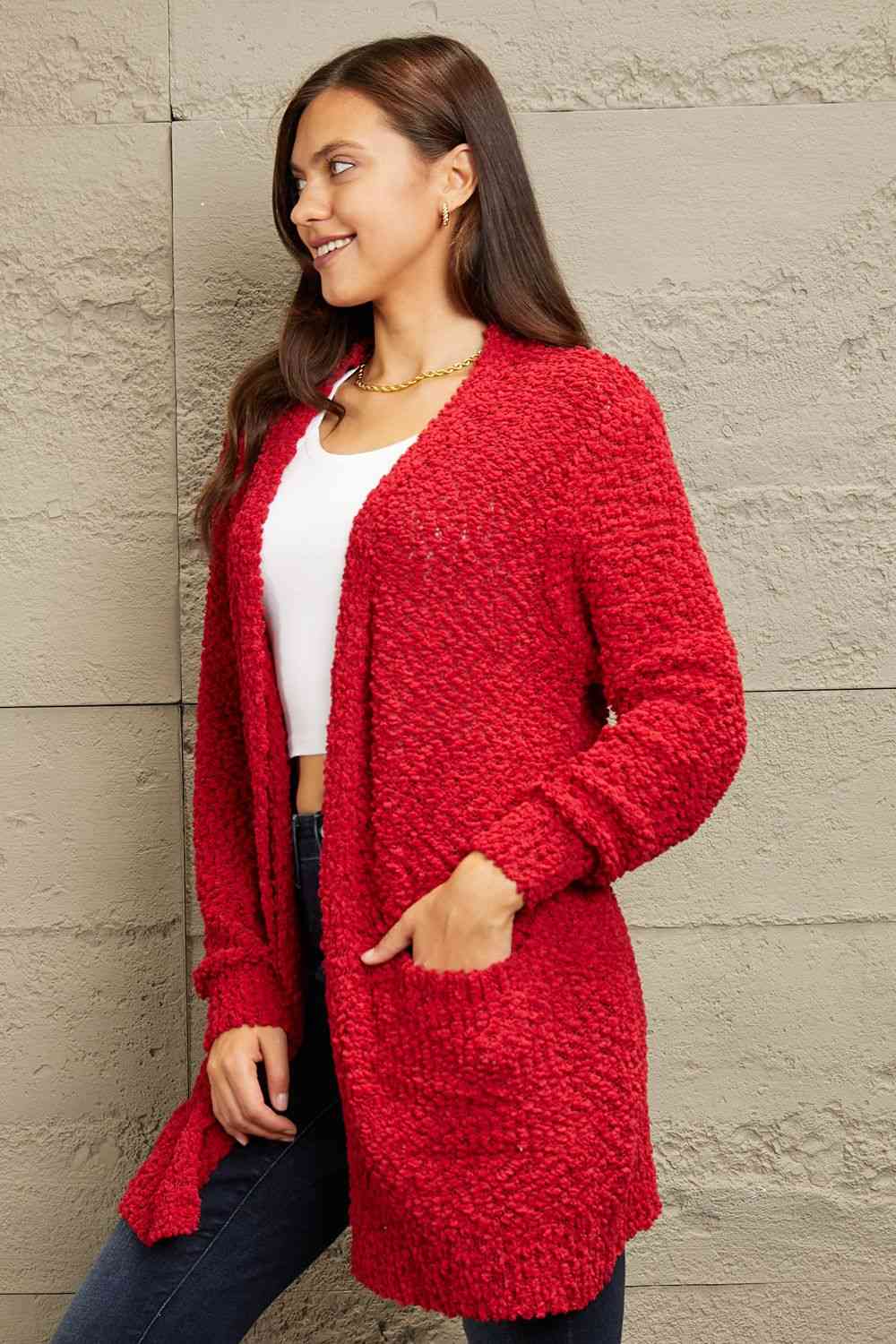 Zenana Falling For You Full Size Open Front Popcorn Cardigan - AllIn Computer