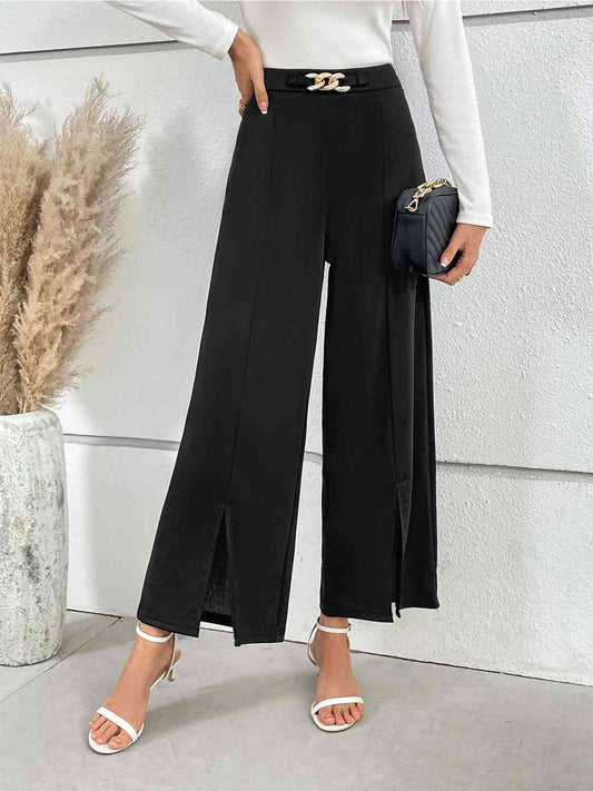 Chain Detail Slit Straight Pants - AllIn Computer