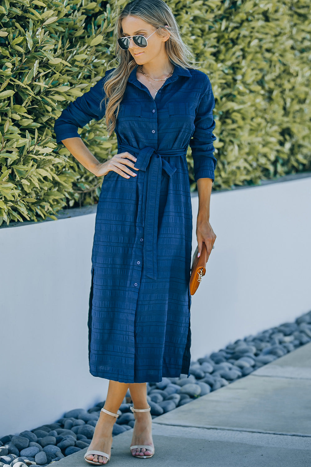 Button Front Textured Slit Shirt Dress with Belt - AllIn Computer