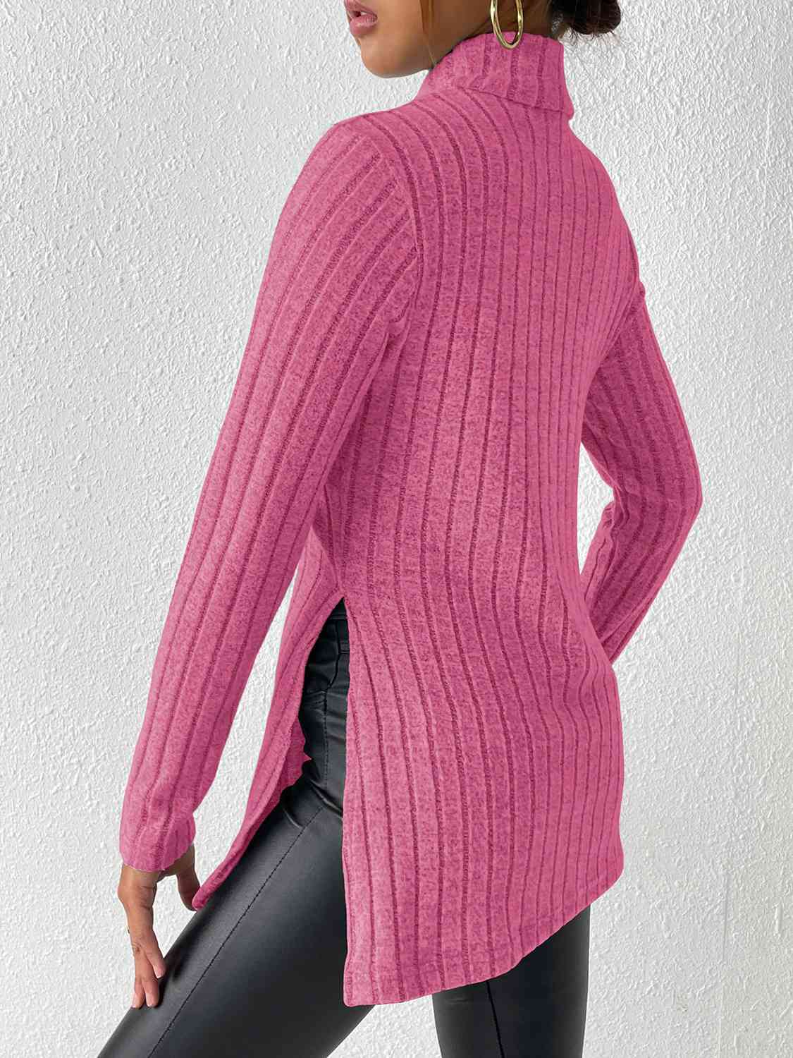 Ribbed Turtleneck Long Sleeve Slit T-Shirt - AllIn Computer
