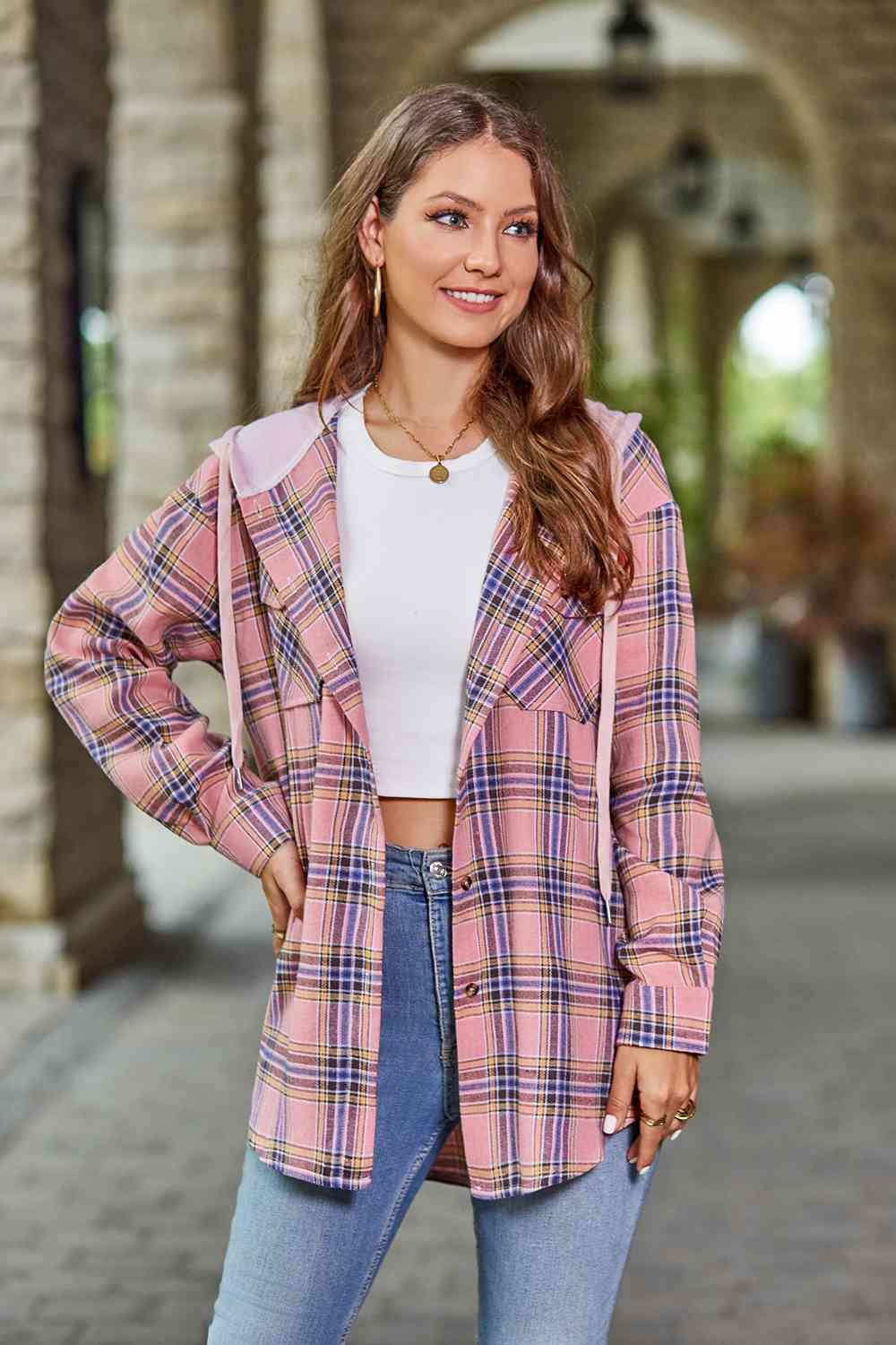 Plaid Long Sleeve Hooded Jacket - AllIn Computer