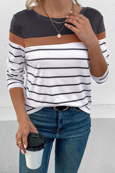 Striped Round Neck Long Sleeve T-Shirt - AllIn Computer