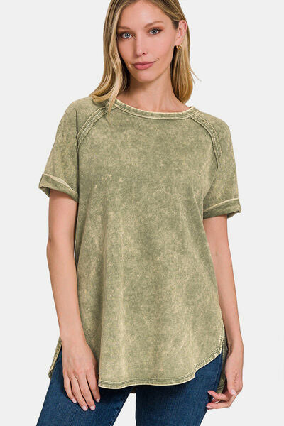 Zenana Heathered Round Neck Short Sleeve Blouse - AllIn Computer