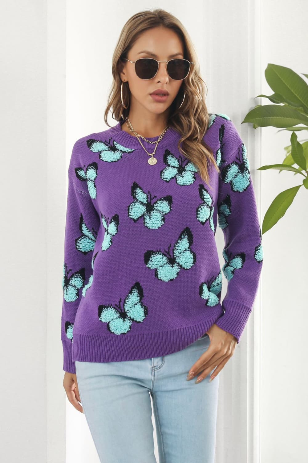 Butterfly Pattern Round Neck Dropped Shoulder Sweater - AllIn Computer