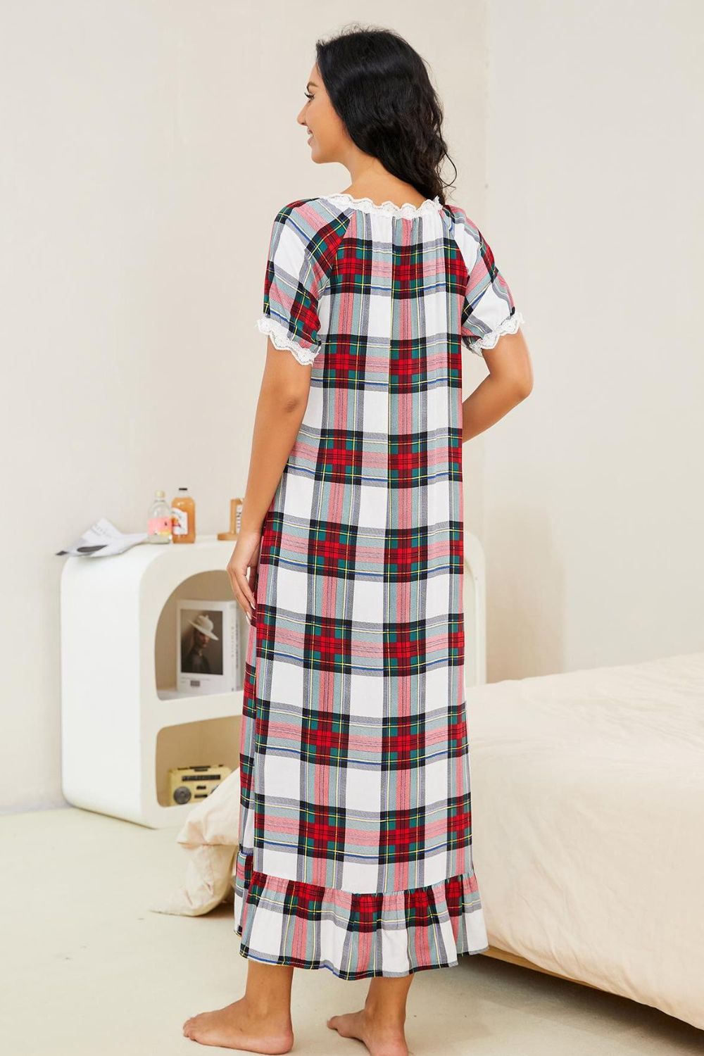 Plaid Lace Trim Ruffle Hem Night Dress - AllIn Computer