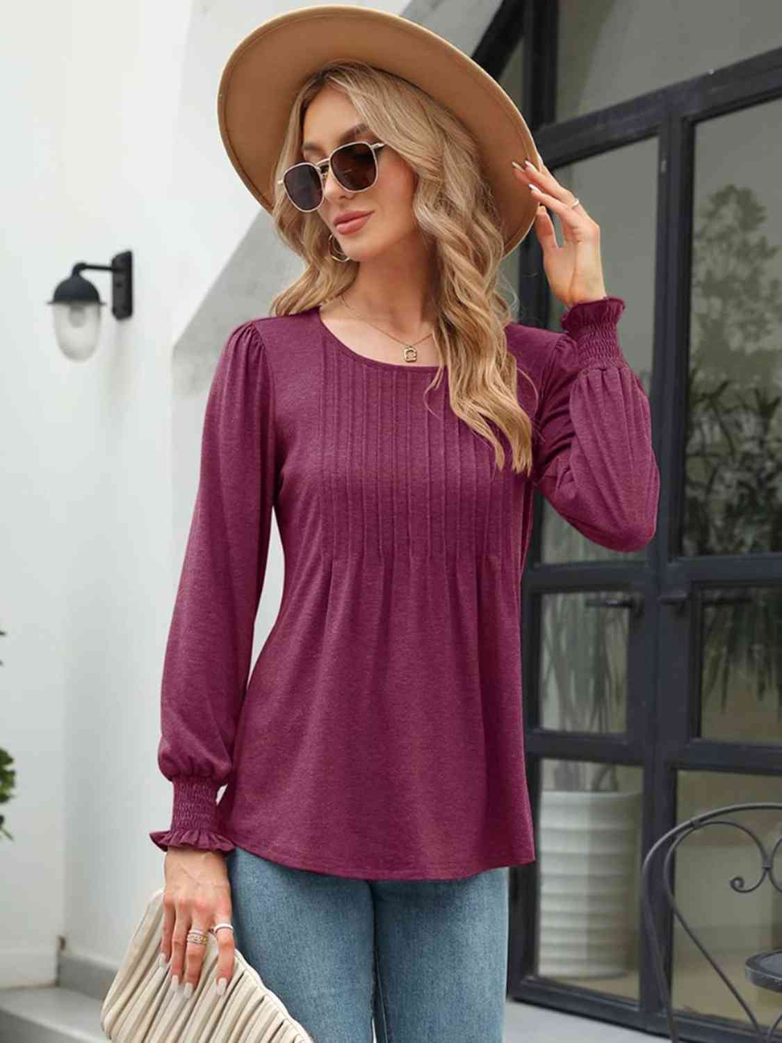 Smocked Round Neck Lantern Sleeve Blouse - AllIn Computer