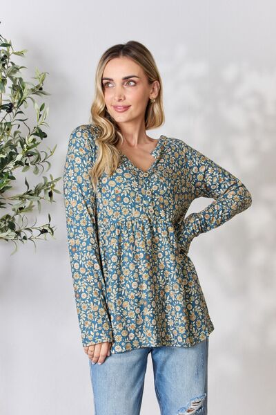 Heimish Full Size Floral Half Button Long Sleeve Blouse - AllIn Computer