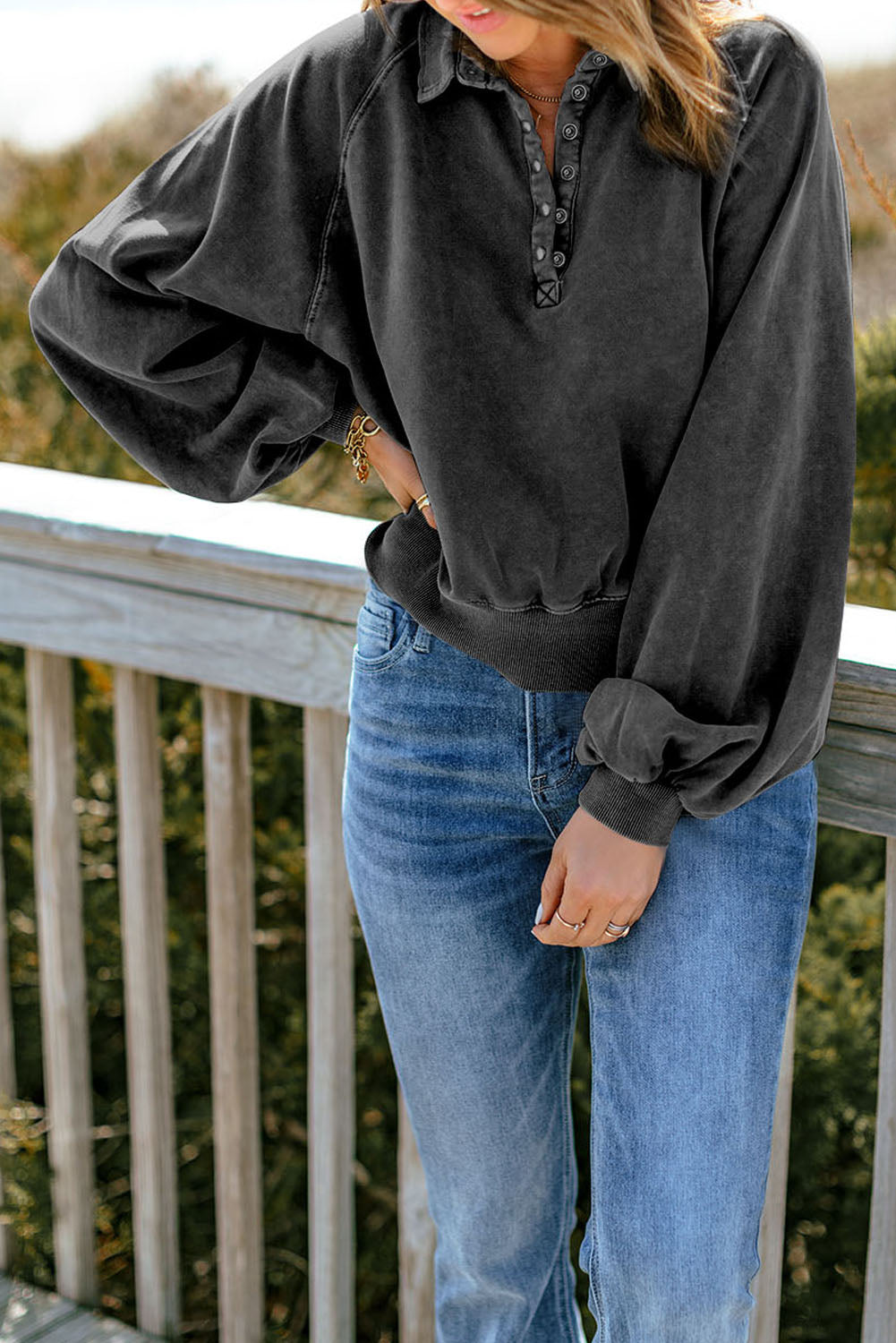 Quarter-Snap Collared Lantern Sleeve Sweatshirt - AllIn Computer