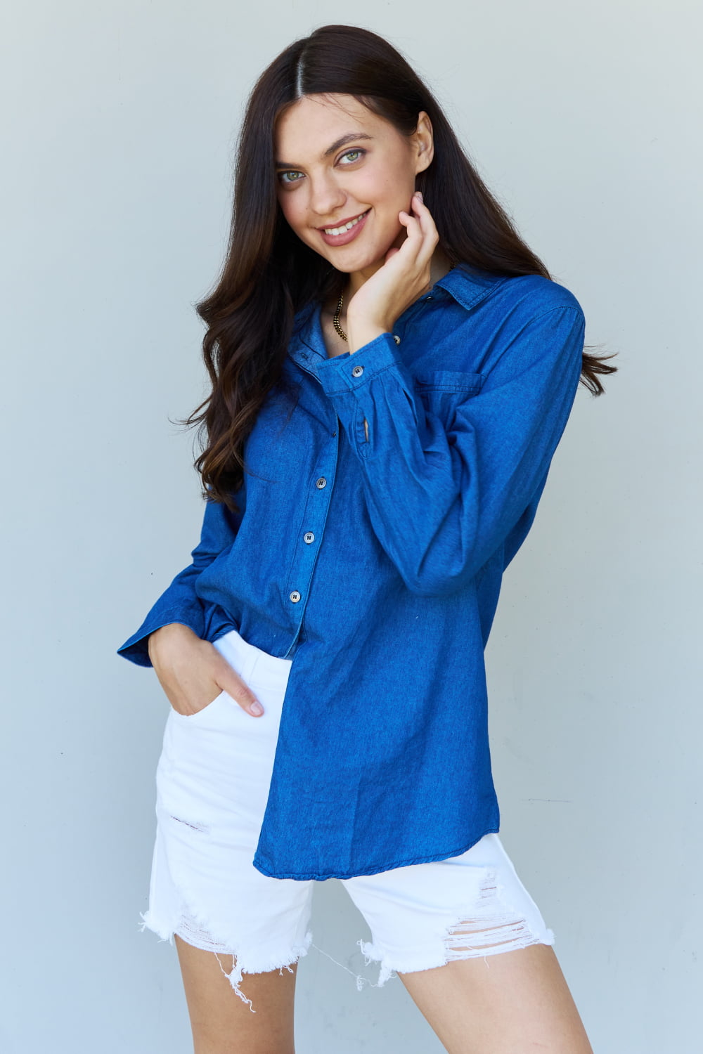 Doublju Blue Jean Baby Denim Button Down Shirt in Dark Blue - AllIn Computer