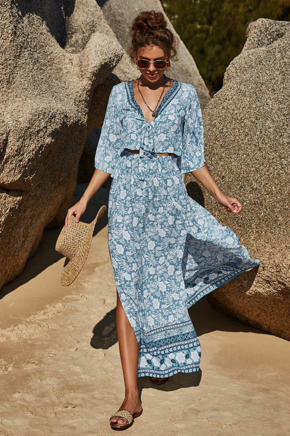 Printed Half Sleeve Top and Slit Skirt Set - AllIn Computer