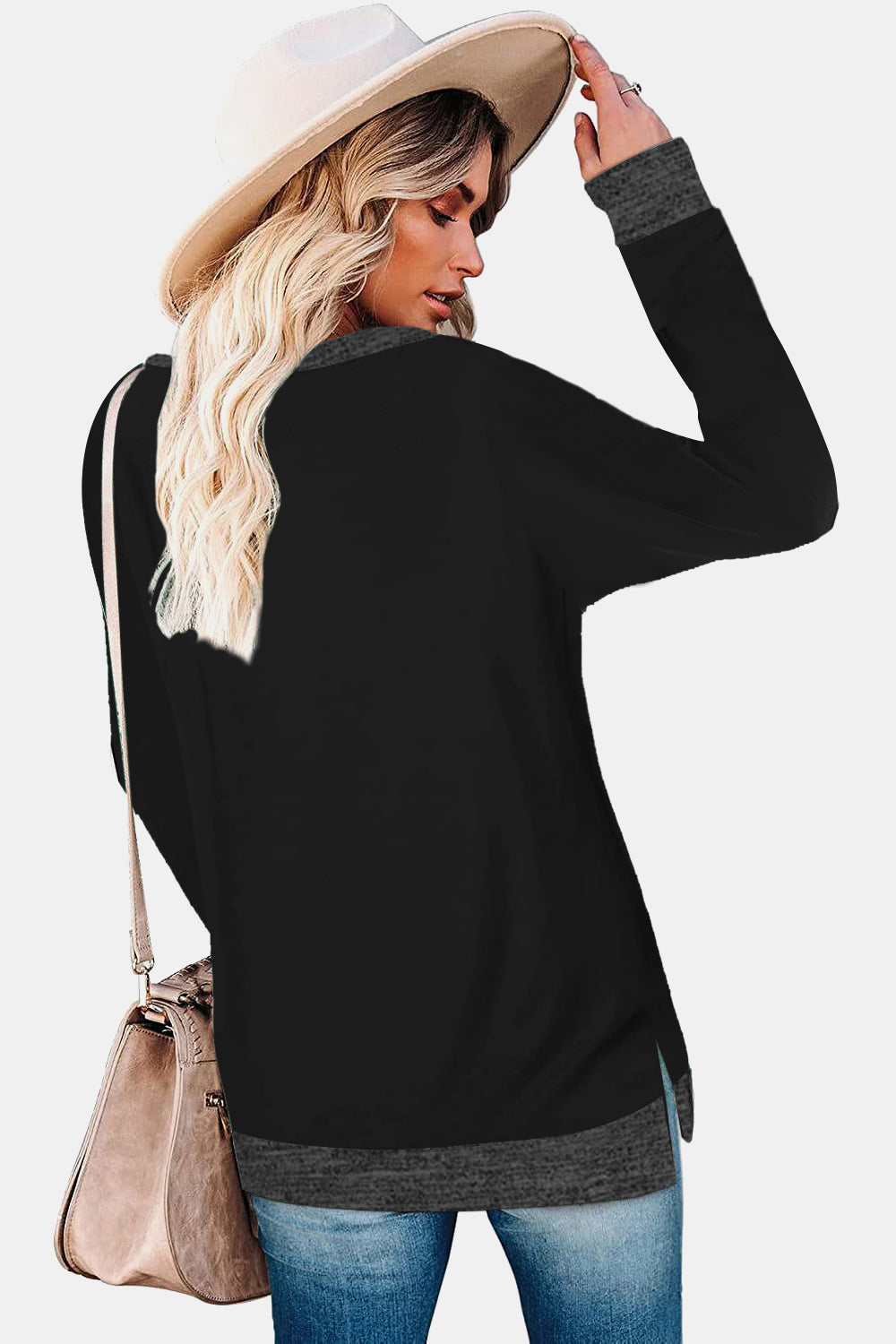 Round Neck Long Sleeve Slit T-Shirt - AllIn Computer