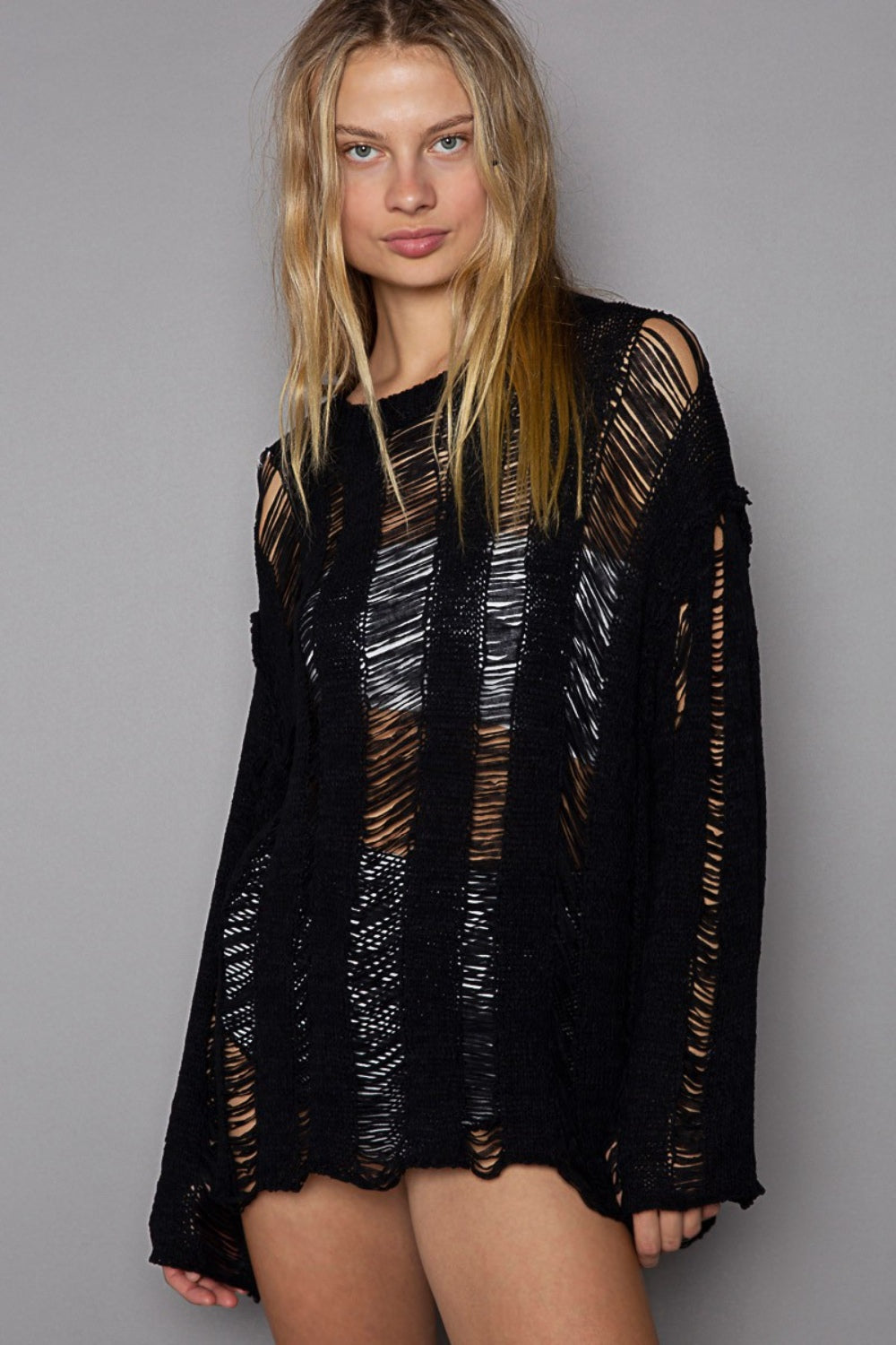 POL Distressed Round Neck Long Sleeve Knit Cover Up - AllIn Computer