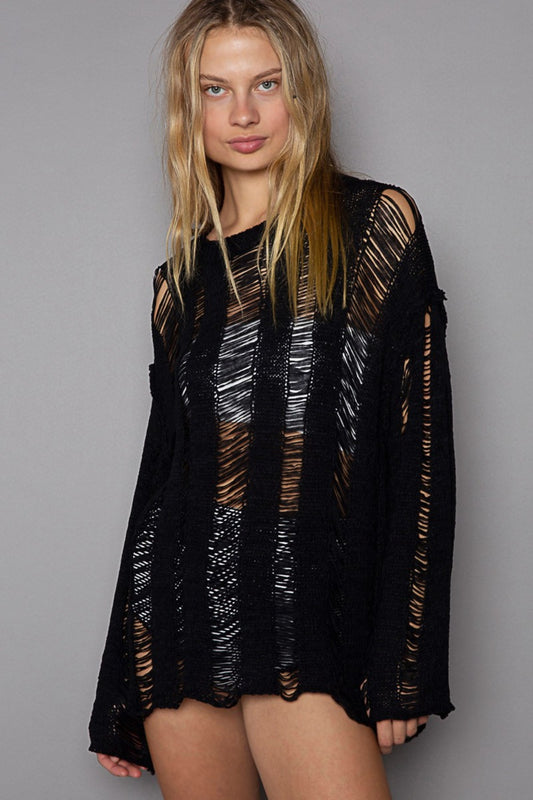 POL Distressed Round Neck Long Sleeve Knit Cover Up - AllIn Computer
