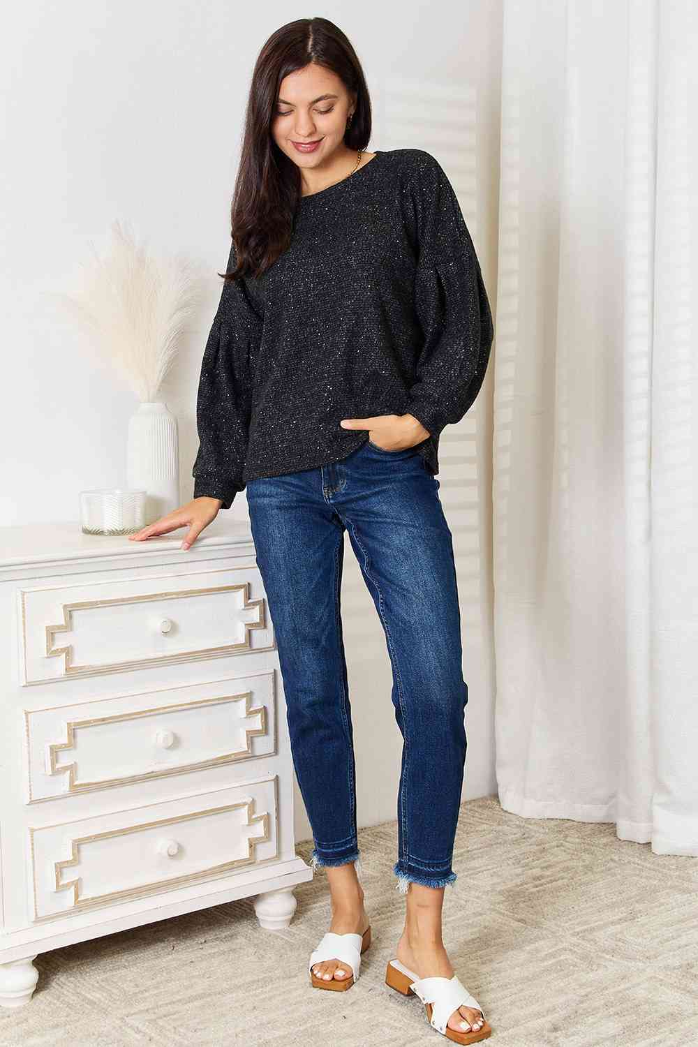 Jade By Jane Full Size Boat Neck Glitter Long Sleeve Top - AllIn Computer