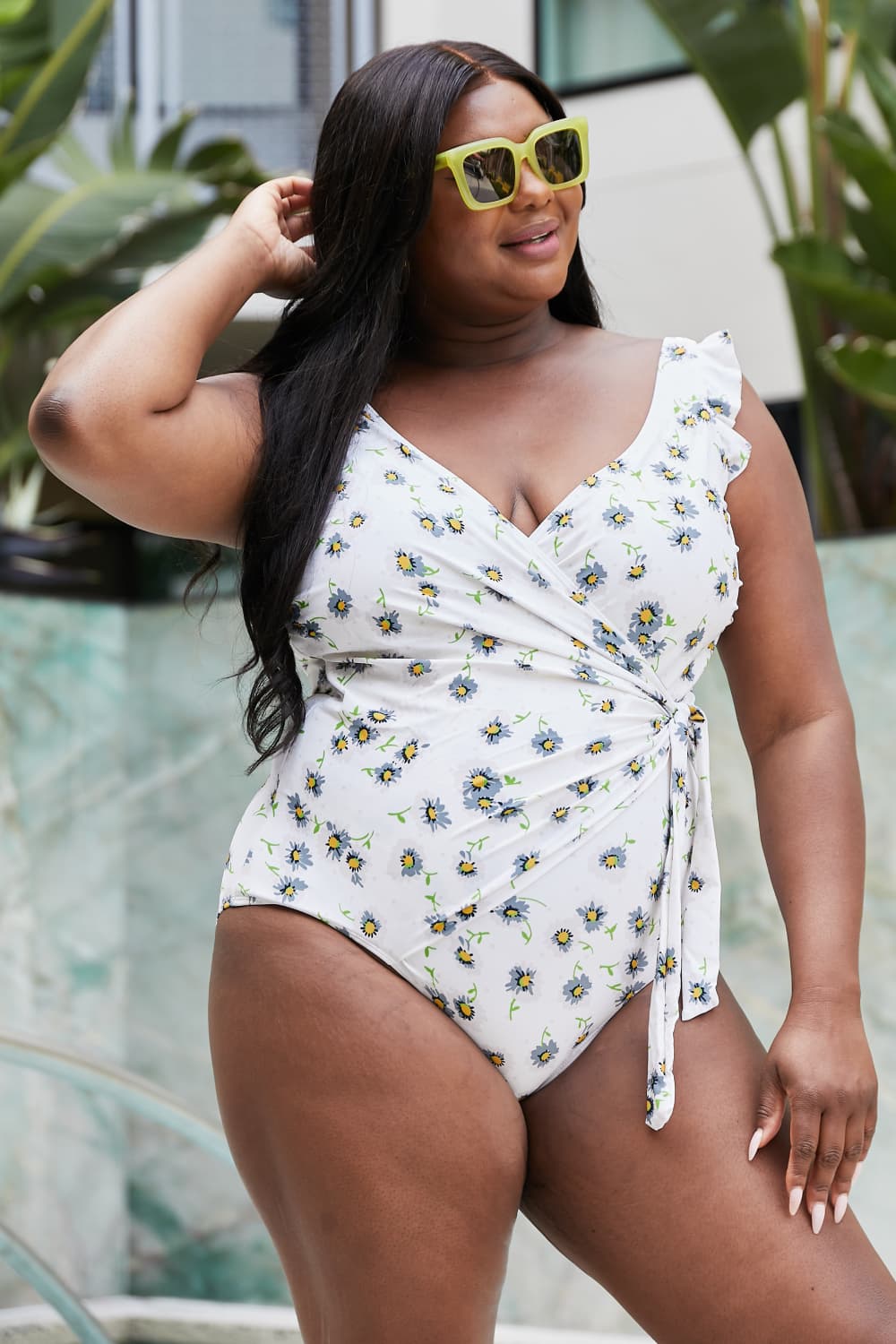 Marina West Swim Float On Ruffle Faux Wrap One-Piece in Daisy Cream - AllIn Computer