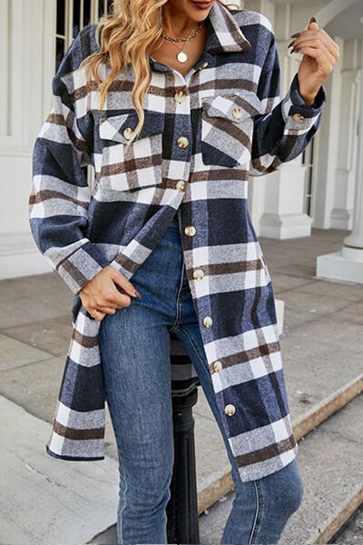 Plaid Button Up Collared Neck Coat with Pockets - AllIn Computer