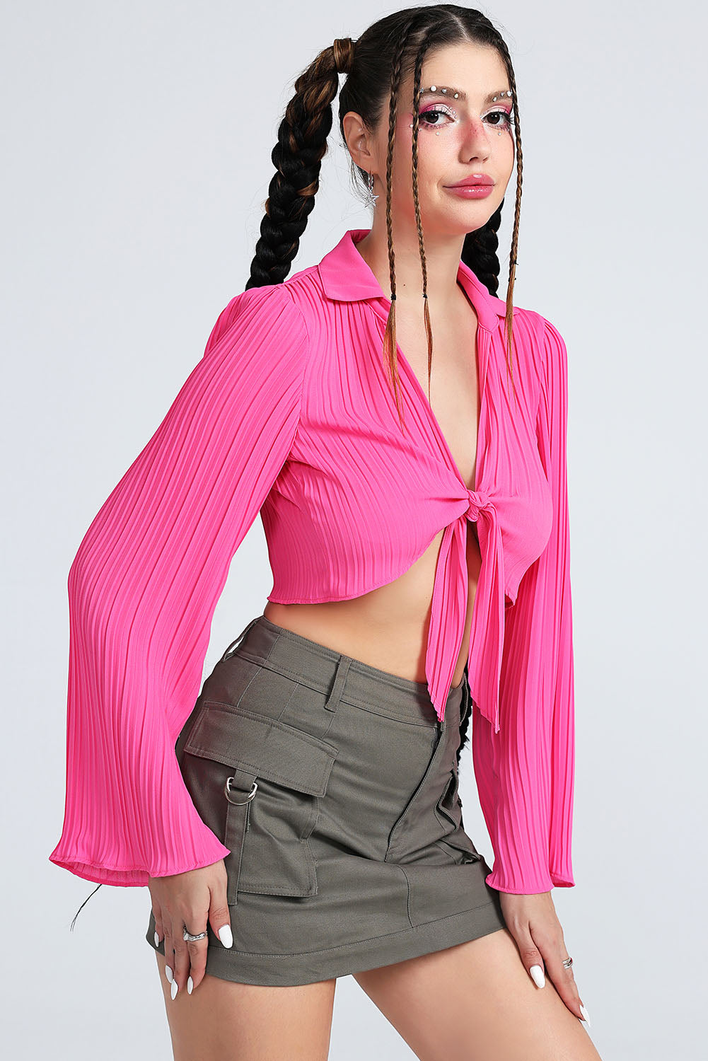 Tie Front Johnny Collar Flare Sleeve Cropped Top - AllIn Computer