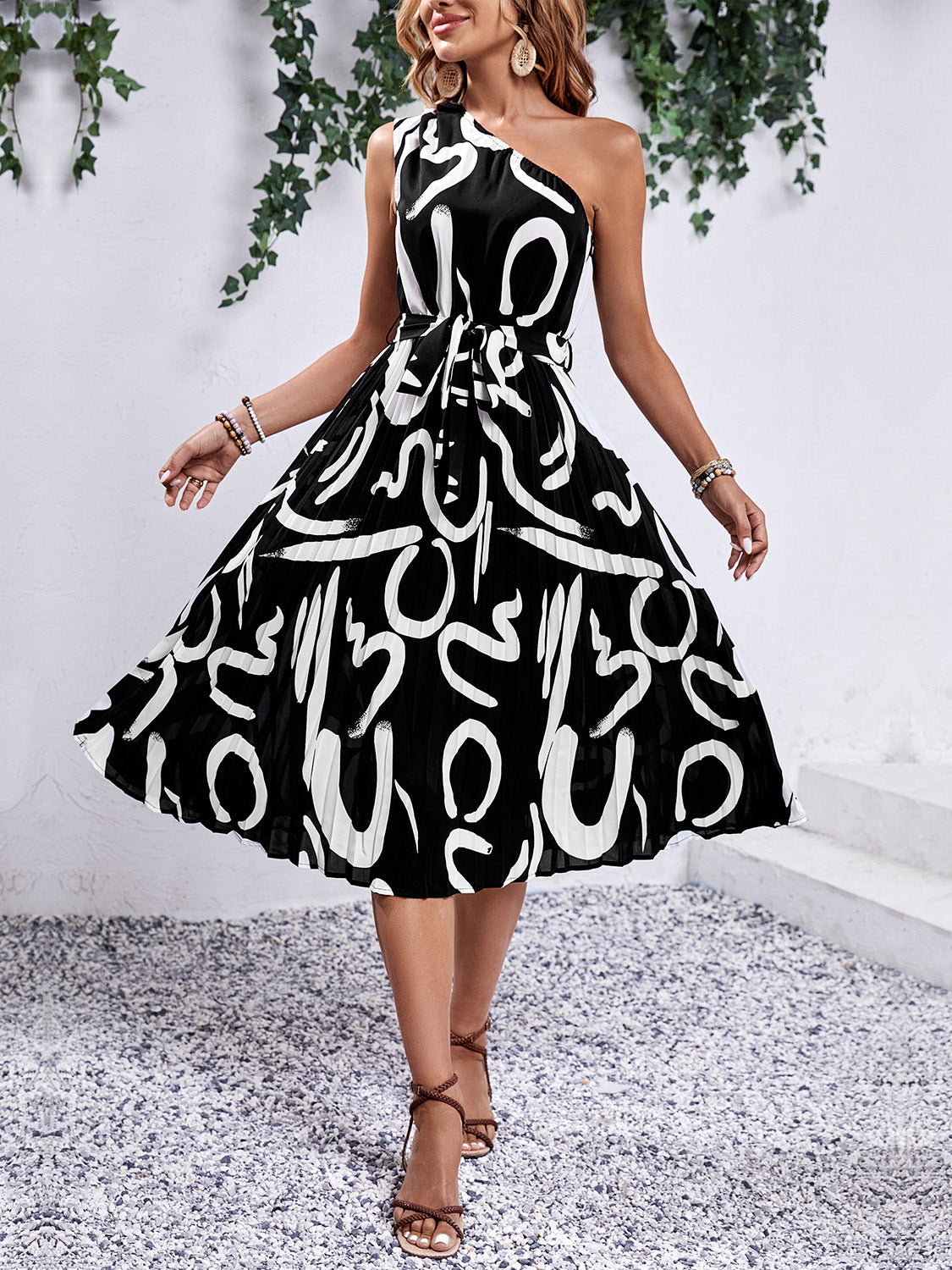 Printed Single Shoulder Tie Waist Dress - AllIn Computer