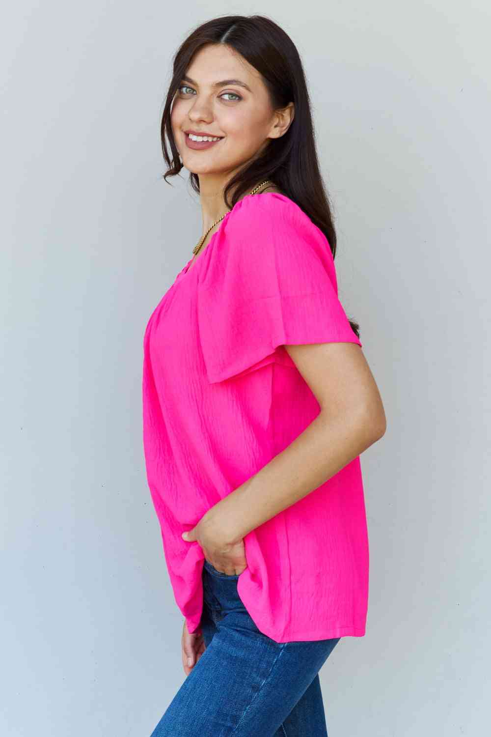 Ninexis Keep Me Close Square Neck Short Sleeve Blouse in Fuchsia - AllIn Computer