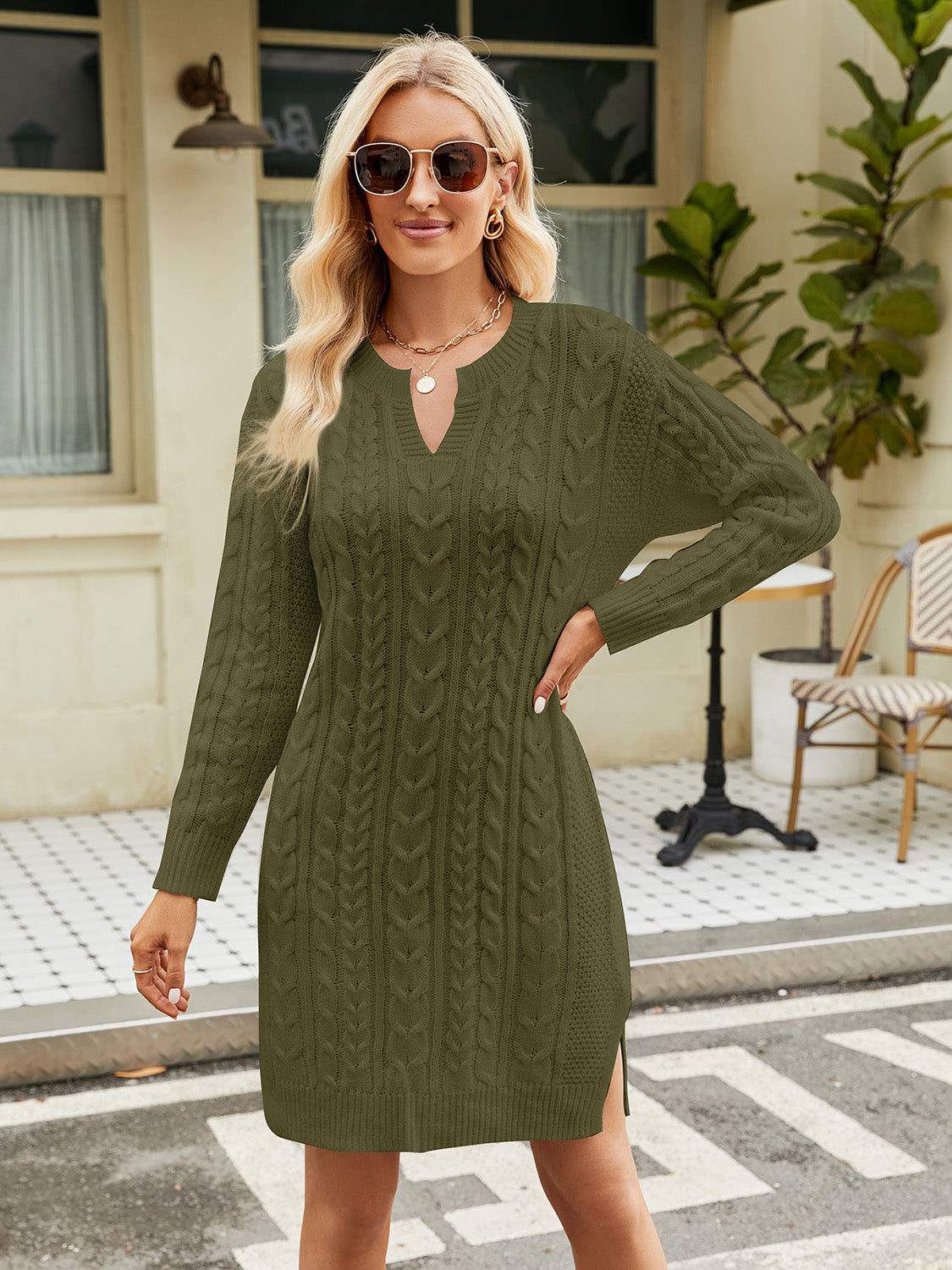 Notched Neck Cable-Knit Slit Sweater Dress - AllIn Computer