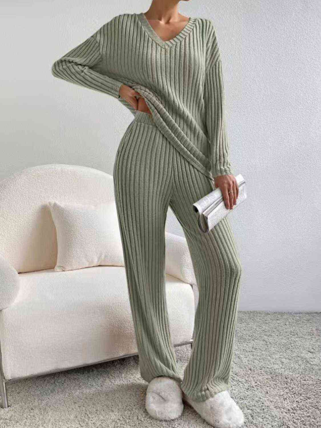 Ribbed V-Neck Long Sleeve Top and Pants Set - AllIn Computer
