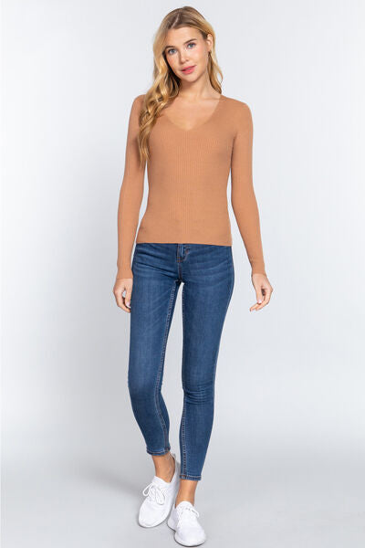 ACTIVE BASIC V-Neck Fitted Viscose Rib Knit Top - AllIn Computer