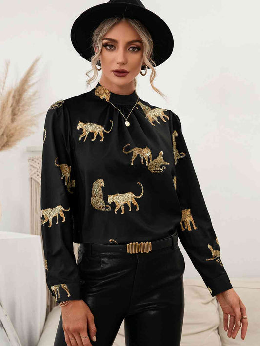Leopard Graphic Mock Neck Puff Sleeve Blouse - AllIn Computer