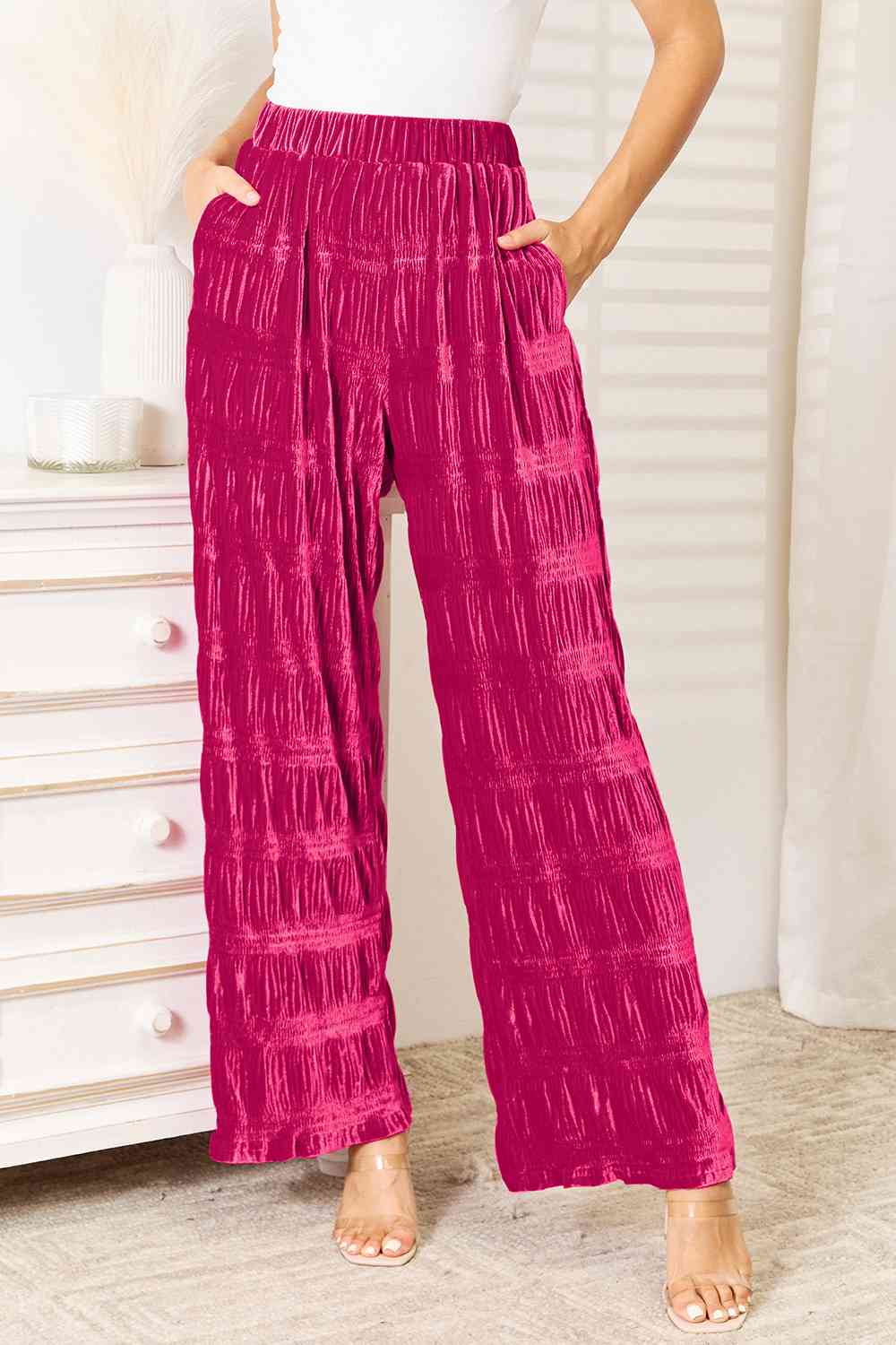 Double Take Full Size High Waist Tiered Shirring Velvet Wide Leg Pants - AllIn Computer