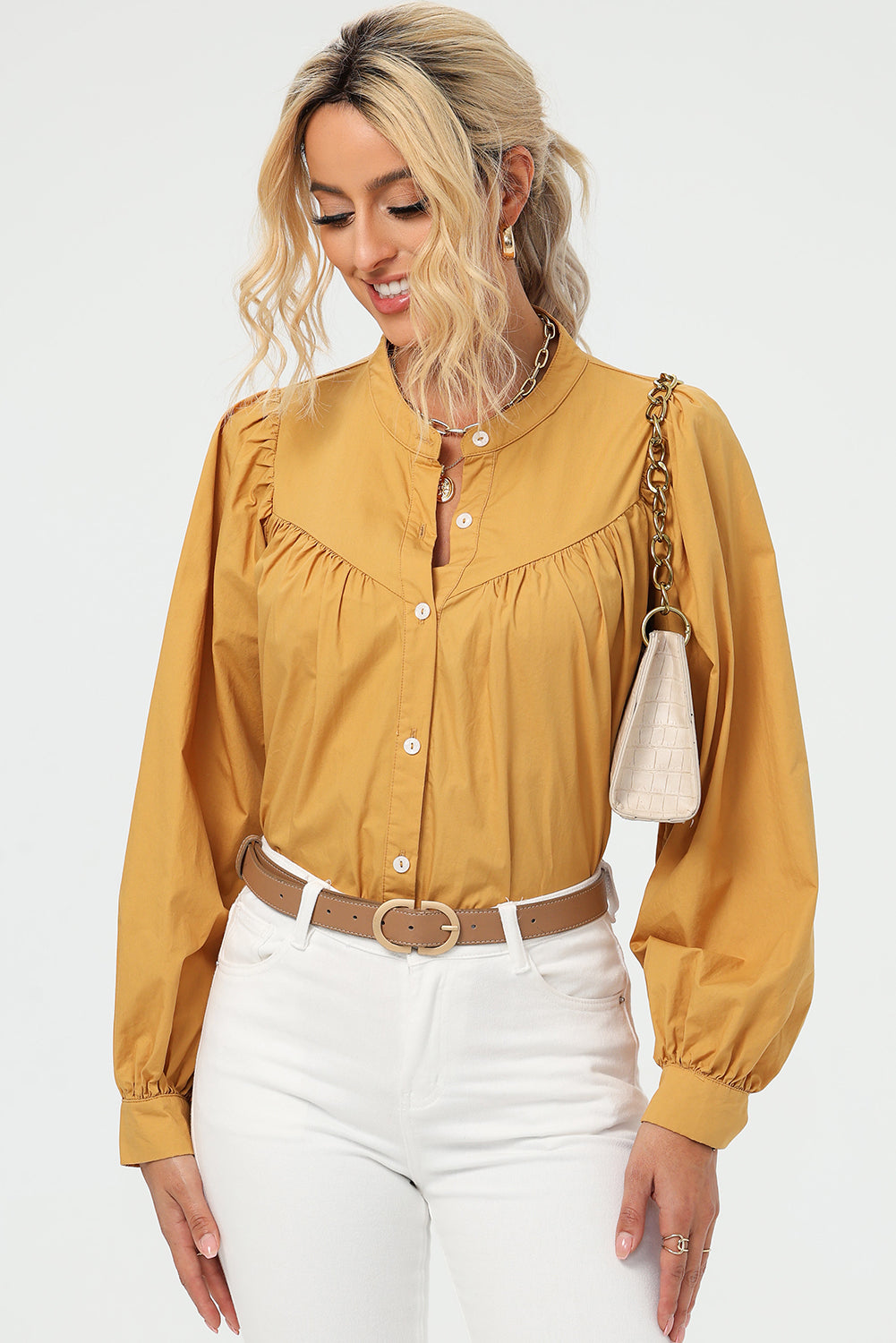 Ruched Button Up Long Sleeve Shirt - AllIn Computer