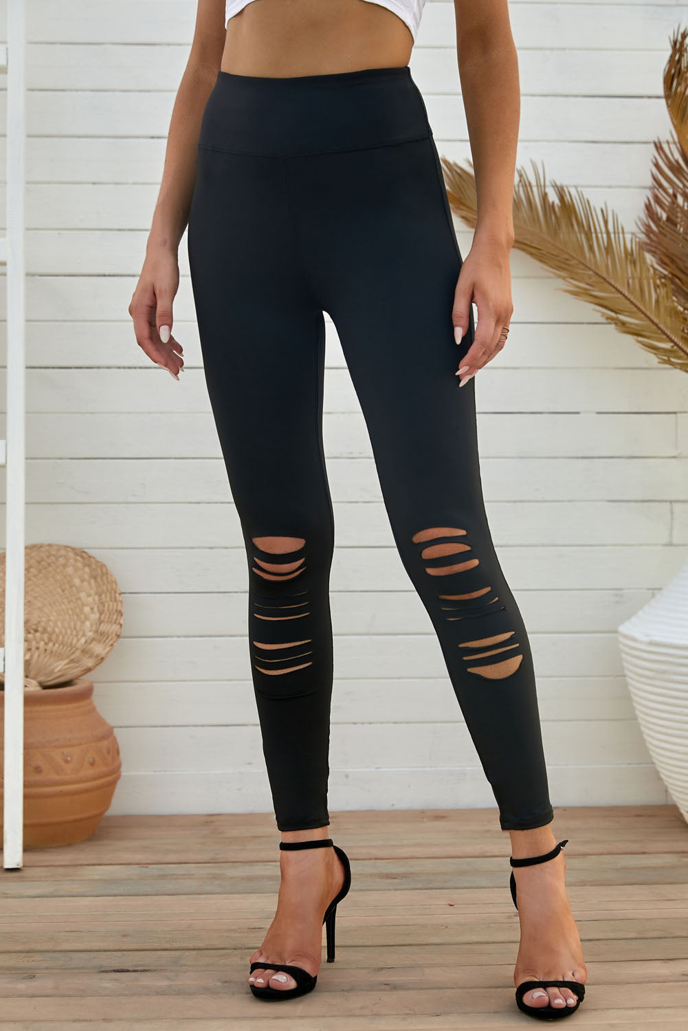 Double Take Wide Waistband Distressed Slim Fit Leggings - AllIn Computer