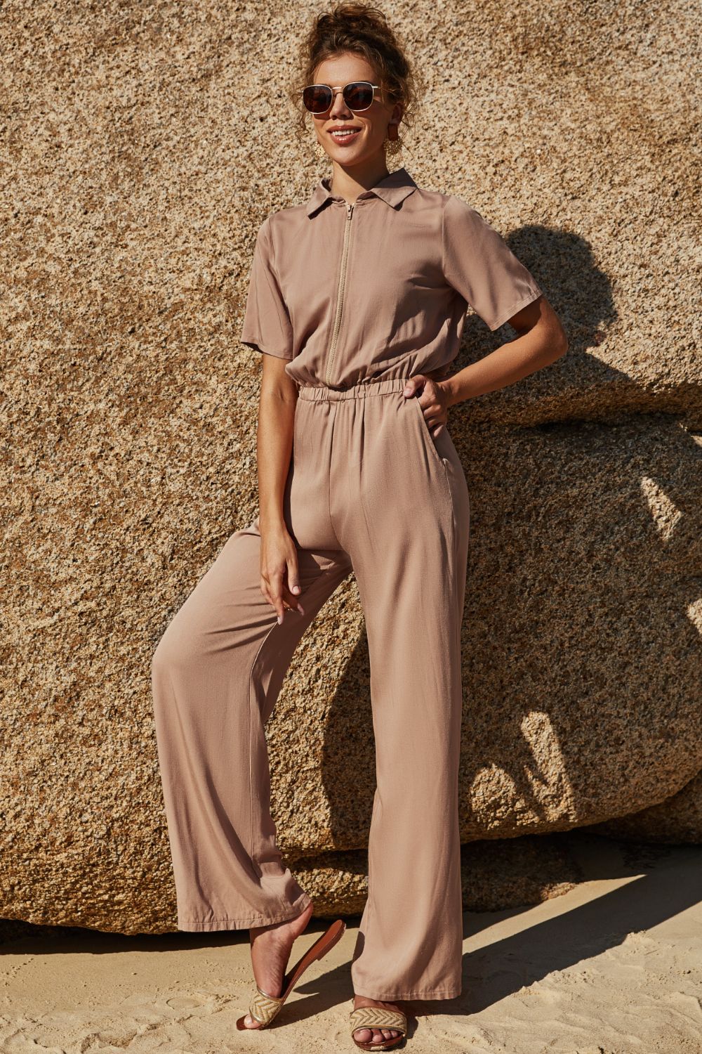 Zip Up Short Sleeve Collared Jumpsuit - AllIn Computer