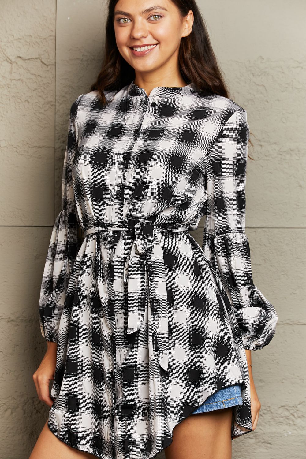 Plaid Tie Waist Lantern Sleeve Mini Dress - AllIn Computer