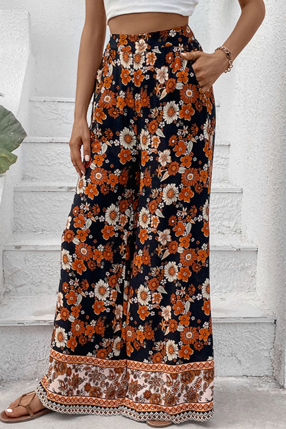 Floral Wide Leg Pants with Pockets - AllIn Computer