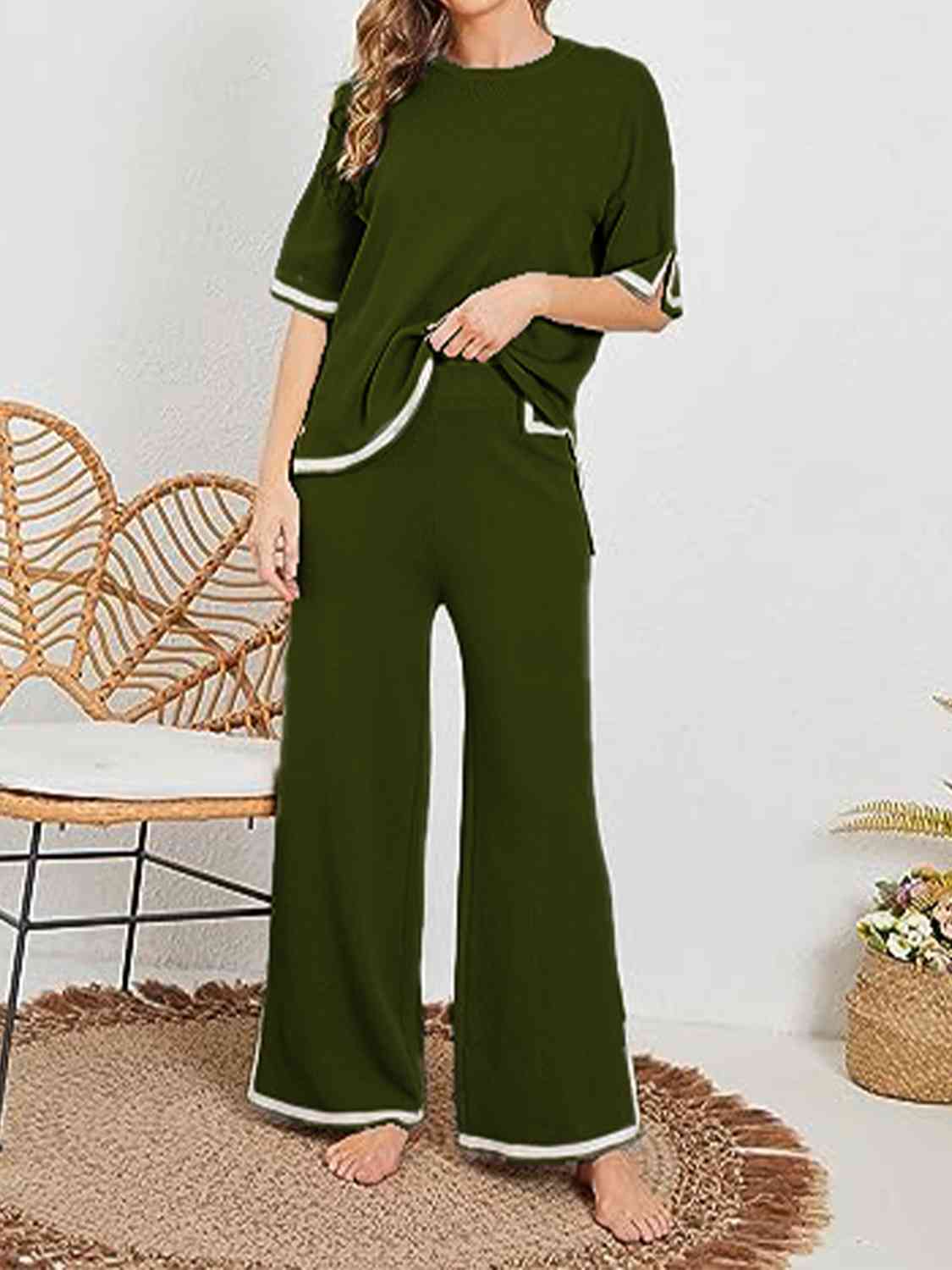 Contrast High-Low Sweater and Knit Pants Set - AllIn Computer