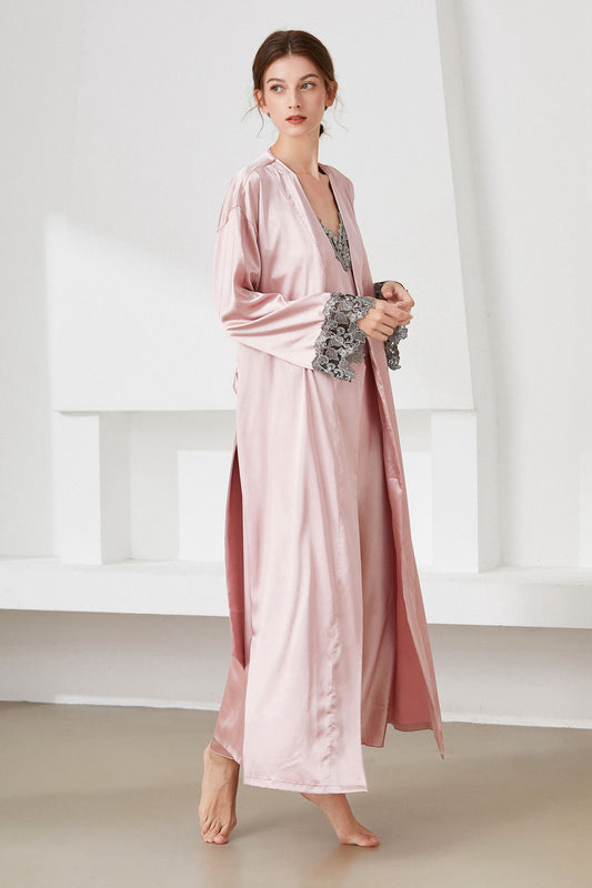 Contrast Lace Trim Satin Night Dress and Robe Set - AllIn Computer