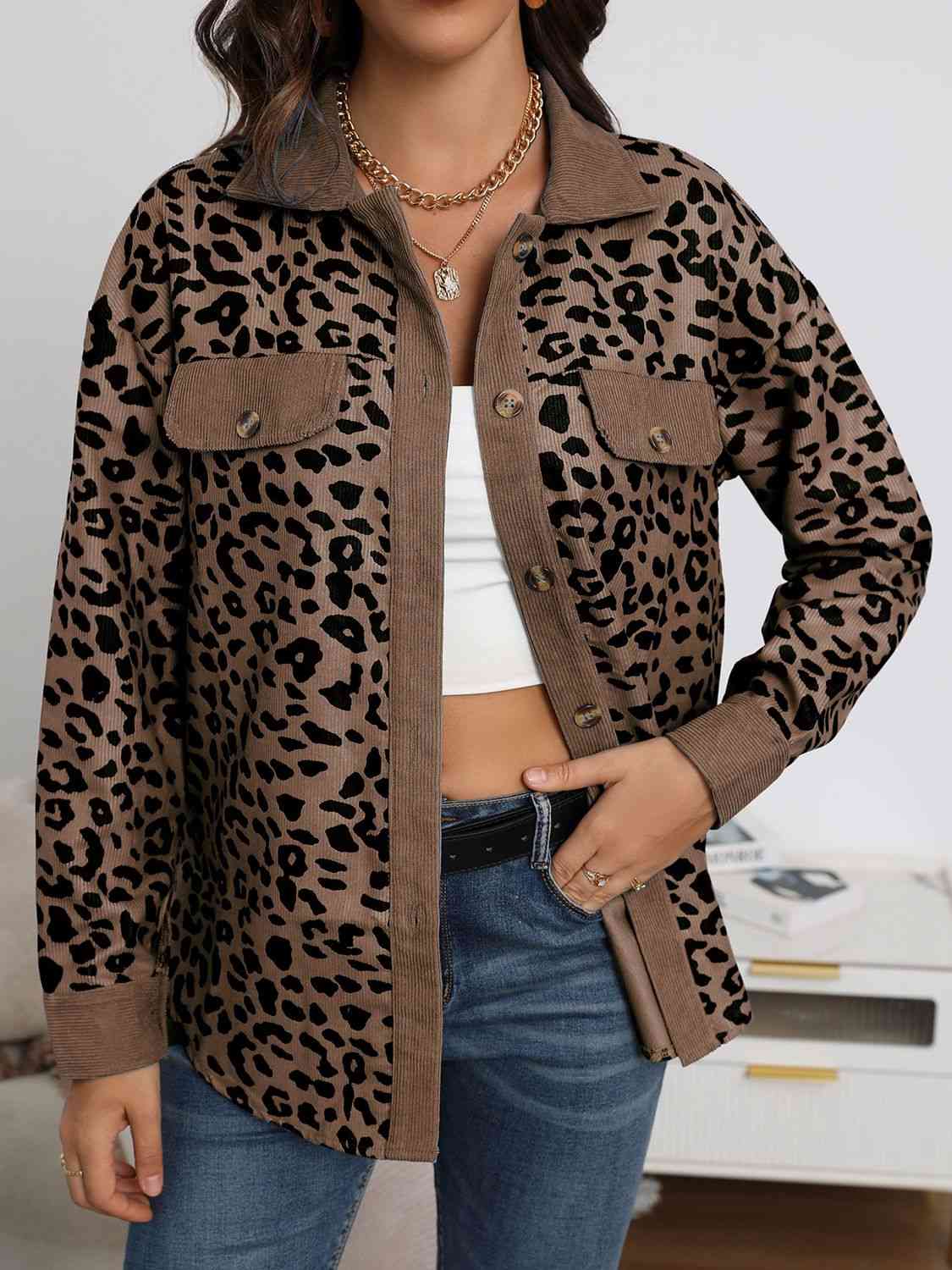 Full Size Leopard Buttoned Jacket - AllIn Computer